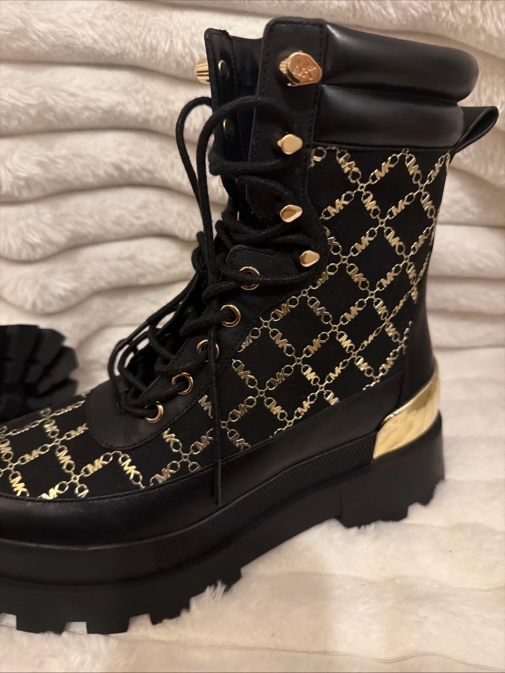 Michael Kors Black and Gold Logo Lace-Up Combat Boots - Picture 9 of 10